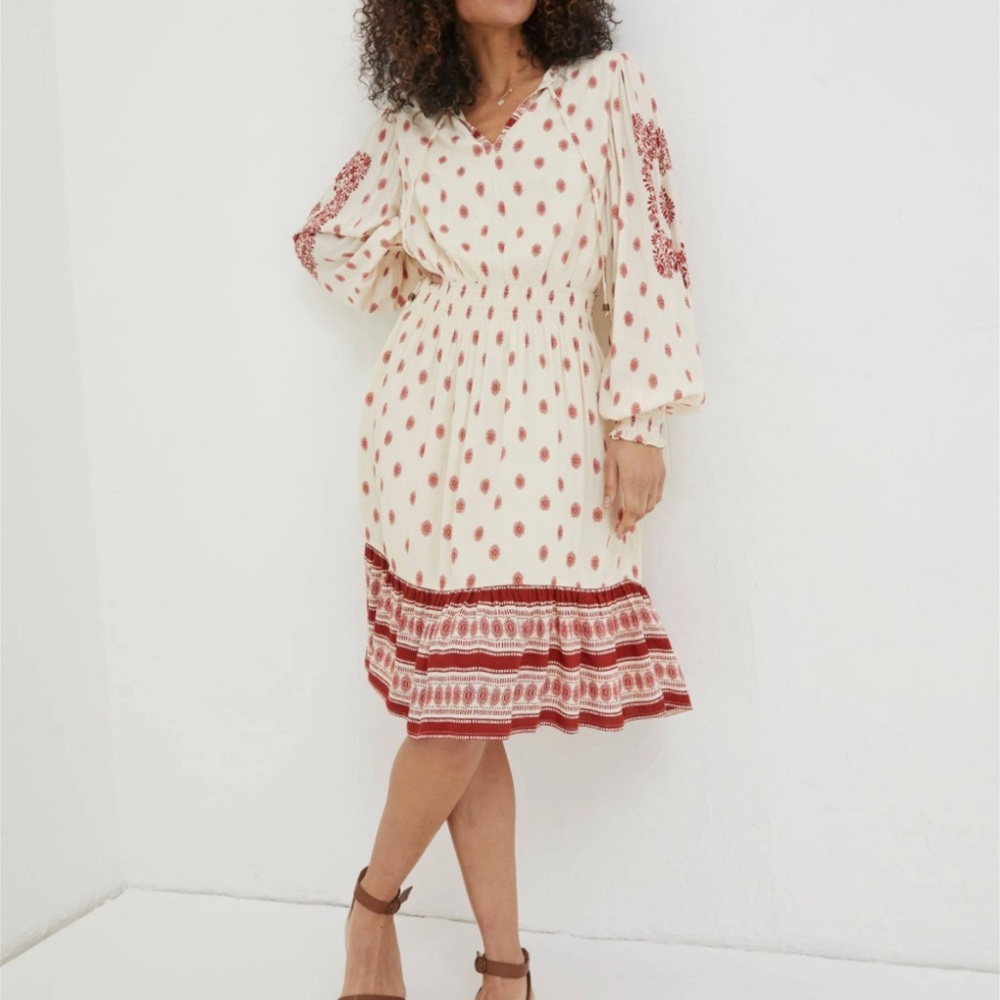 Fat Face “Fleur Devin” Print Dress Cream Red 2 Beach Pool Casual Contemporary